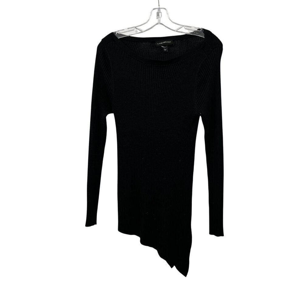 Lane Bryant Boat Neck Sweater Asymmetric Hem Long Sleeve Black Ribbed Size 14/16